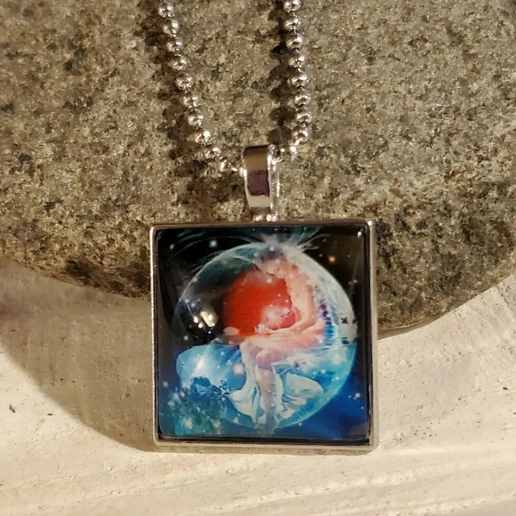 Man in the Moon Nebula Square Glass Cabochon Pendant Necklace - Picture 3 of 4
